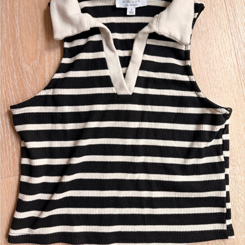 Kirious Black & White Striped Sleeveless Polo Tank